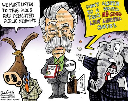 Political Cartoon U.S. Trump John Bolton Democrats Republicans book contradictions narrative