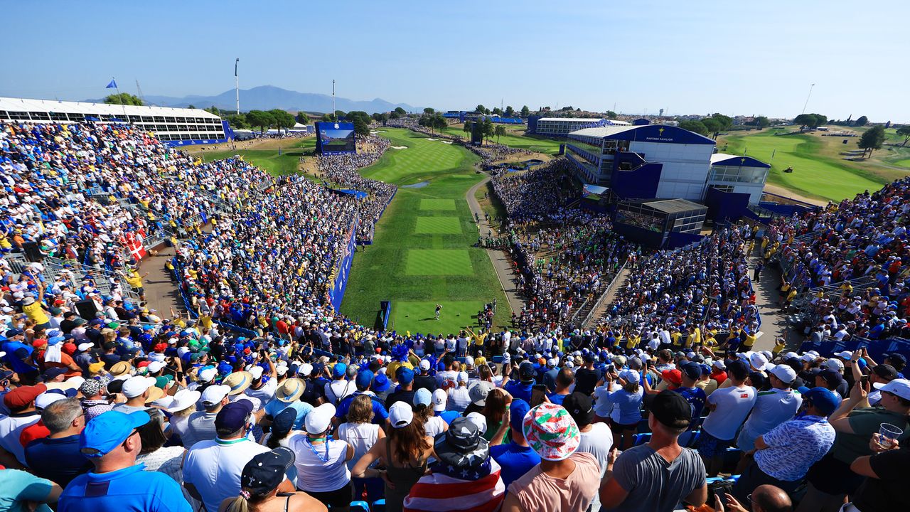 A view down the first hole at Marco Simone from the back of the grandstand behind the tee