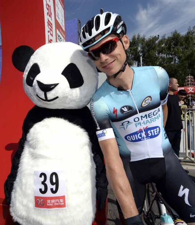 The Tour of Beijing panda poses for a picture with the other Martin, world time trial champion Tony Martin.