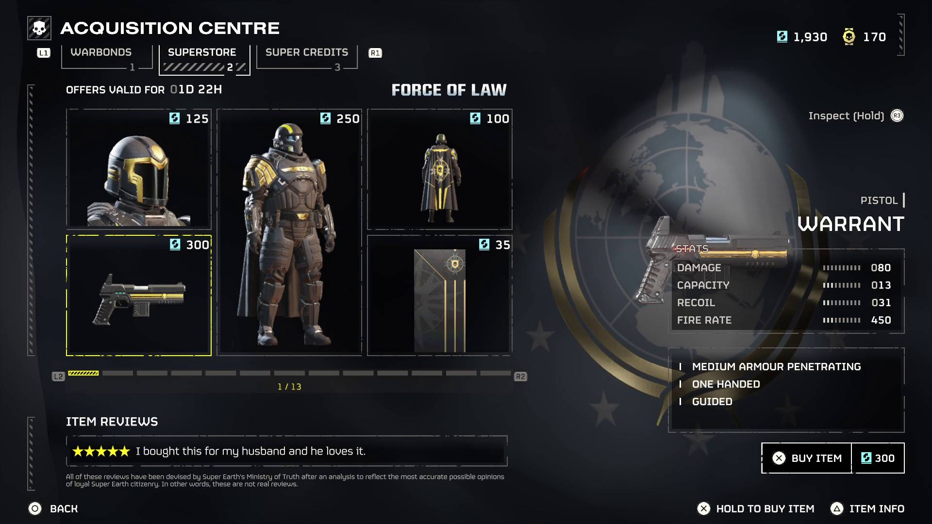 Helldivers 2 Force of Law Grand Juror armor set and Warrant pistol weapon on superstore page
