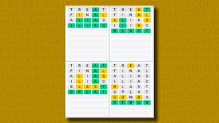 Quordle Daily Sequence answers for game 1149 on a yellow background