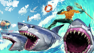 Aquaman riding sharks in Fortnite