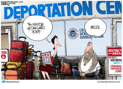Political cartoon U.S. Libby Schaaf ICE raids immigration MS-13