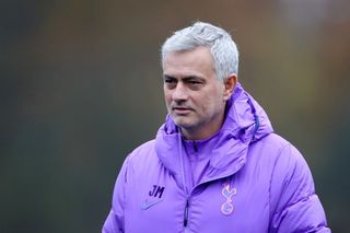 Jose Mourinho, Manager of Tottenham Hotspur looks on during a training session ahead of their UEFA Champions League group B match against Olympiacos FC at Hotspur Way training ground on November 25, 2019 in Enfield, England.