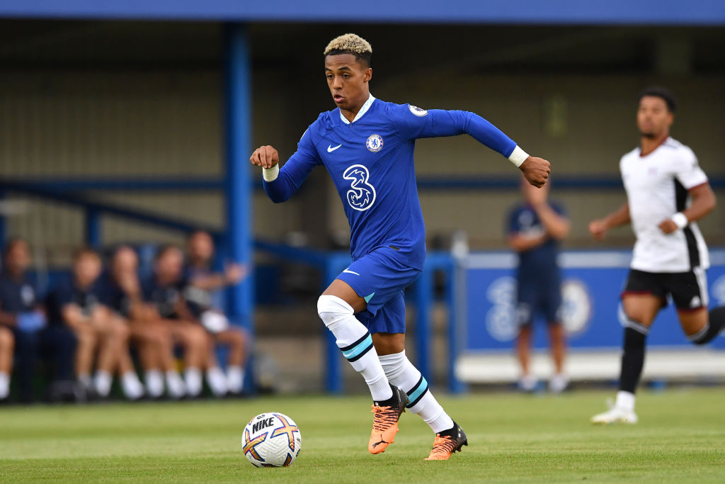 Omari Hutchinson of Chelsea in action during the Chelsea U21 v Fulham U21 Premier League 2 match on August 15, 2022 in Kingston upon Thames, England.