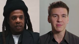 Split image of Jay-Z and James Holzhauer. Both are wearing Black. 