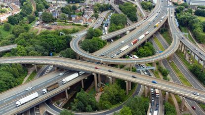 Aerial view of congestion at Spaghetti Junction in Birmingham, England, UK
