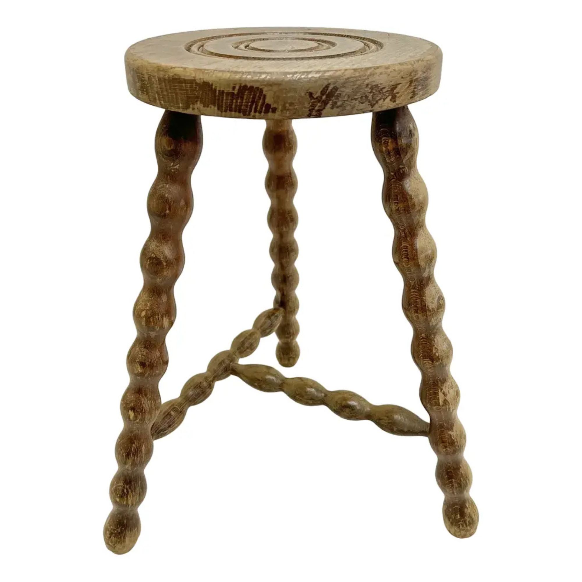 French Tripod Bobbin Turned Wooden Stool, 1950s
