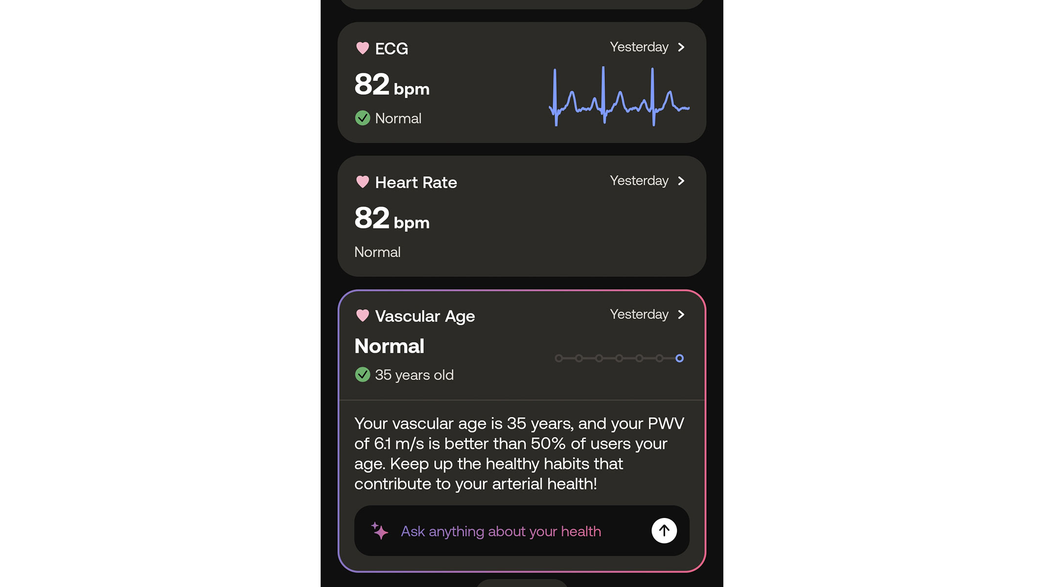 a screenshot of our reviewer's cardiovascular stats from the Withings app