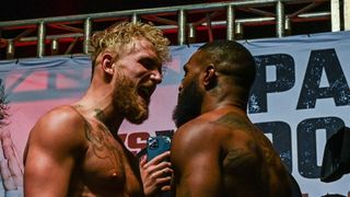 Jake Paul and Tyron Woodley facing off ahead of their boxing rematch