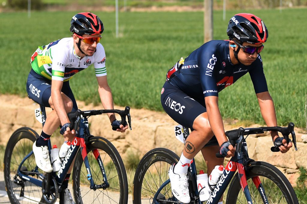 MANRESA SPAIN MARCH 26 Adam Yates of United Kingdom and Team INEOS Grenadiers Green Leader Jersey Richard Carapaz of Ecuador and Team INEOS Grenadiers during the 100th Volta Ciclista a Catalunya 2021 Stage 5 a 2015km stage from La Pobla De Segur to Manresa 220m VoltaCatalunya100 on March 26 2021 in Manresa Spain Photo by David RamosGetty Images