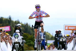 PLANCHE DES BELLES FILLES FRANCE JULY 31 Demi Vollering of Netherlands and Team SD Worx Polka Dot Mountain Jersey reacts crossing the finish line on second place during the 1st Tour de France Femmes 2022 Stage 8 a 1233km stage from Lure to La Super Planche des Belles Filles TDFF UCIWWT on July 31 2022 in Planche des Belles Filles France Photo by Tim de WaeleGetty Images