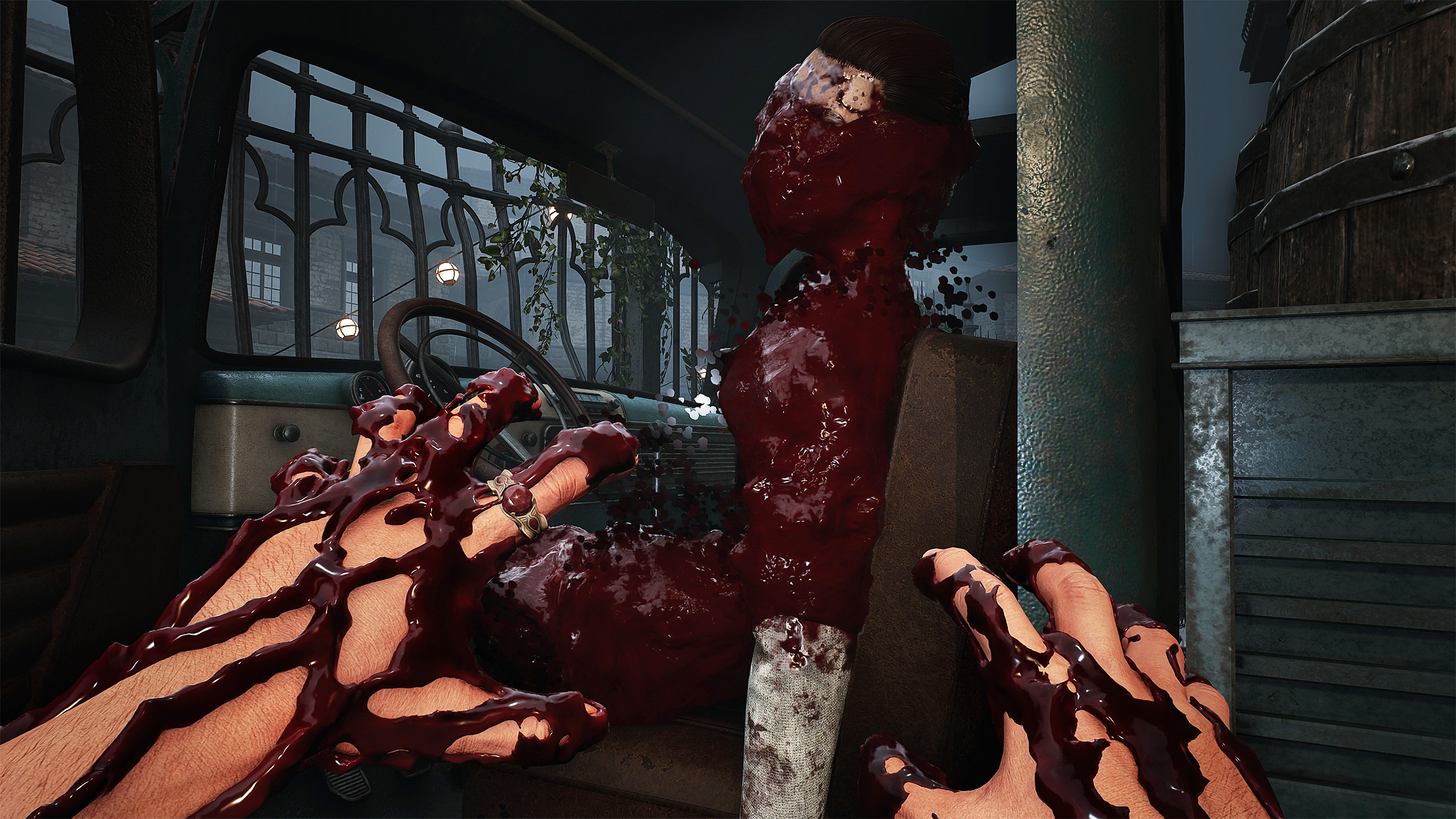 A screenshot shows a corpse covered in blood and blood-covered hands in first person