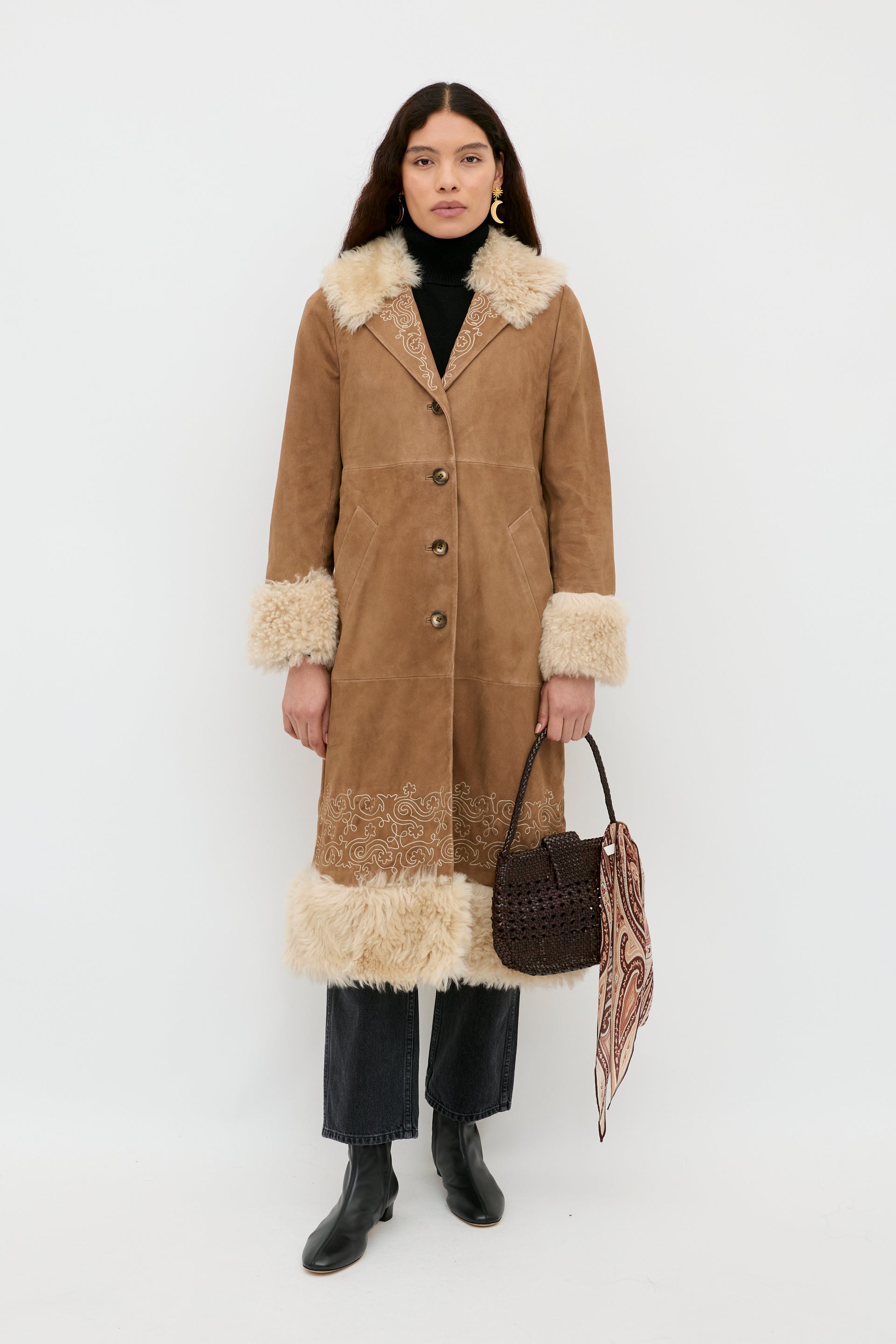Cienna Embroidered Suede Coat in Brown Camel