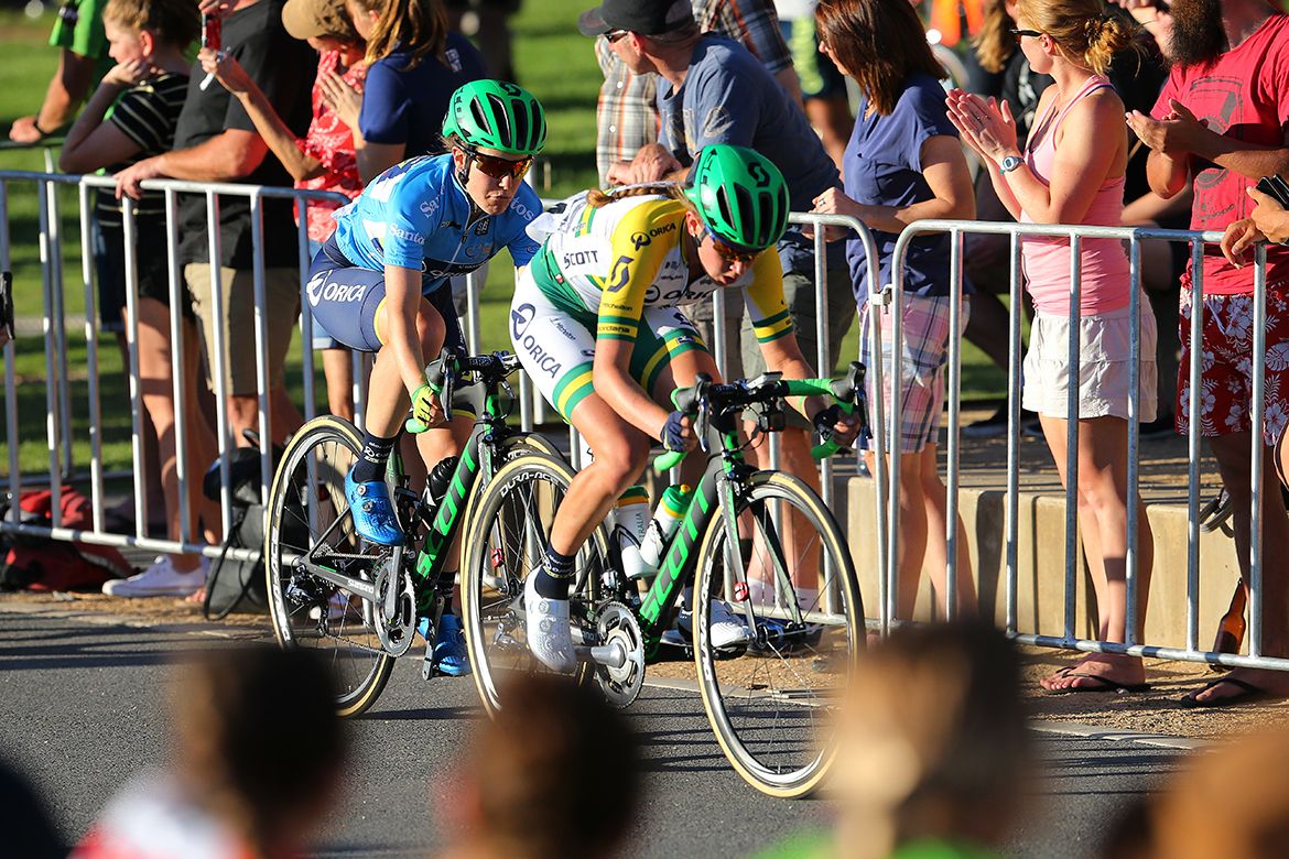 Criterium champion Jessica Allen looks after the race leader Amanda Spratt