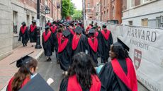 Graduates of Harvard University walk through the campus during commencement on May 29, 2025.