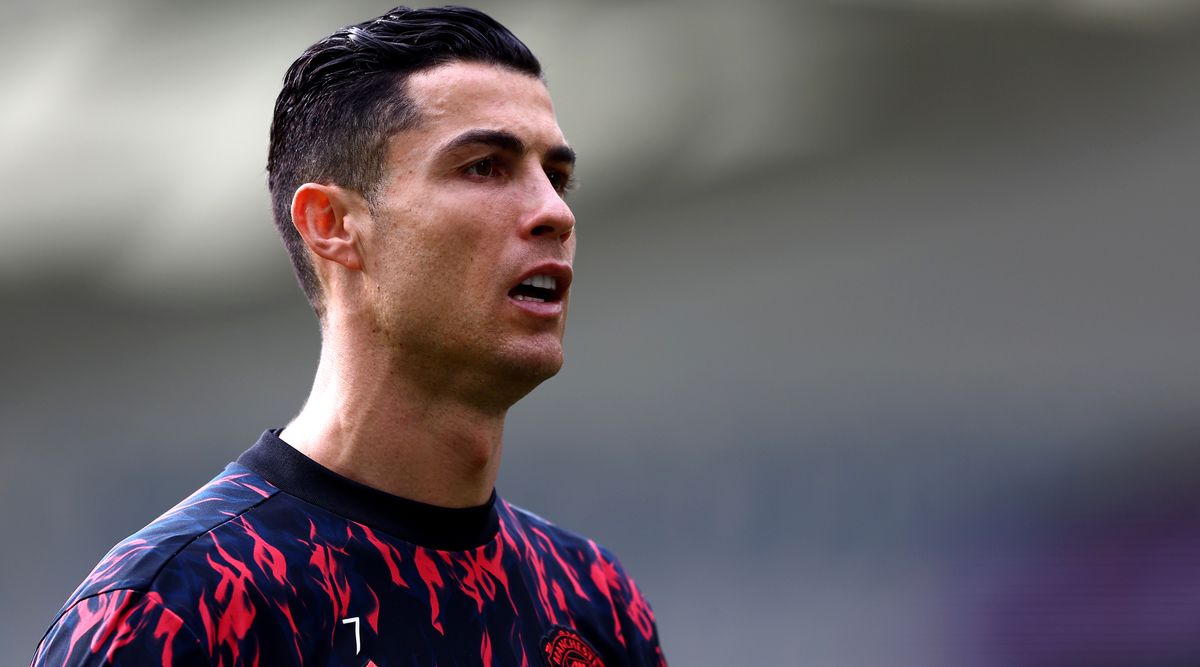 BRIGHTON, ENGLAND - MAY 07: Cristiano Ronaldo of Manchester United looks on during warm up for the Premier League match between Brighton &amp; Hove Albion and Manchester United at American Express Community Stadium on May 07, 2022 in Brighton, England.