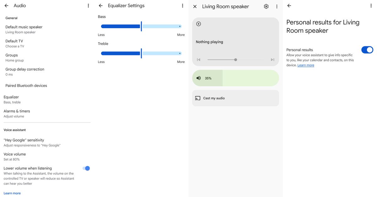 All the options available in the Google Home app for the Google Home Speaker