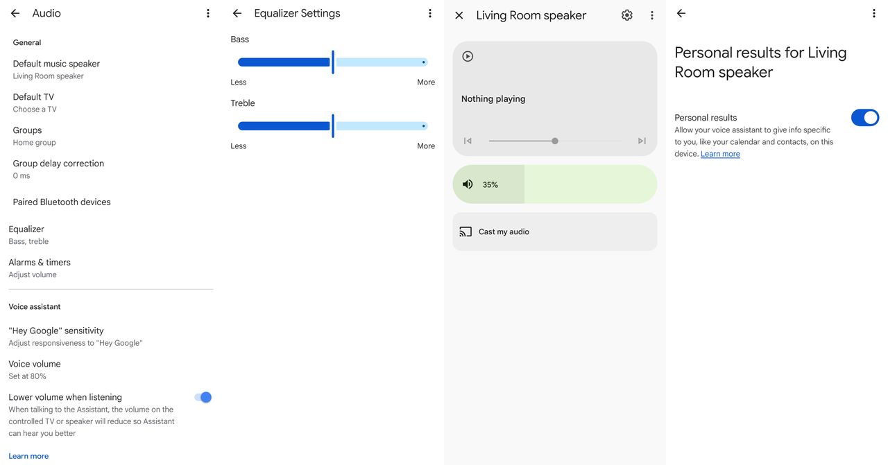 All the options available in the Google Home app for the Google Home Speaker