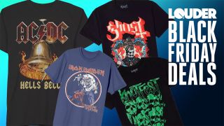 A main image featuring four t-shirts at various sizes and angles on a blue/black background with the text "Louder Black Friday deals" in the top right-hand corner.