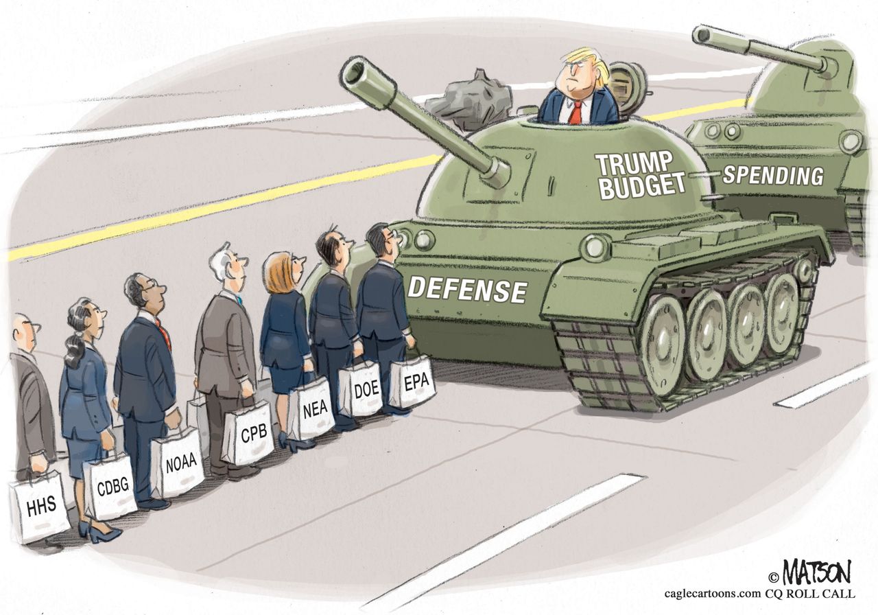 Political cartoon U.S. Trump budget cuts defense spending