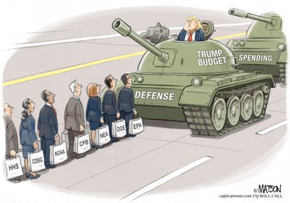 Political cartoon U.S. Trump budget cuts defense spending