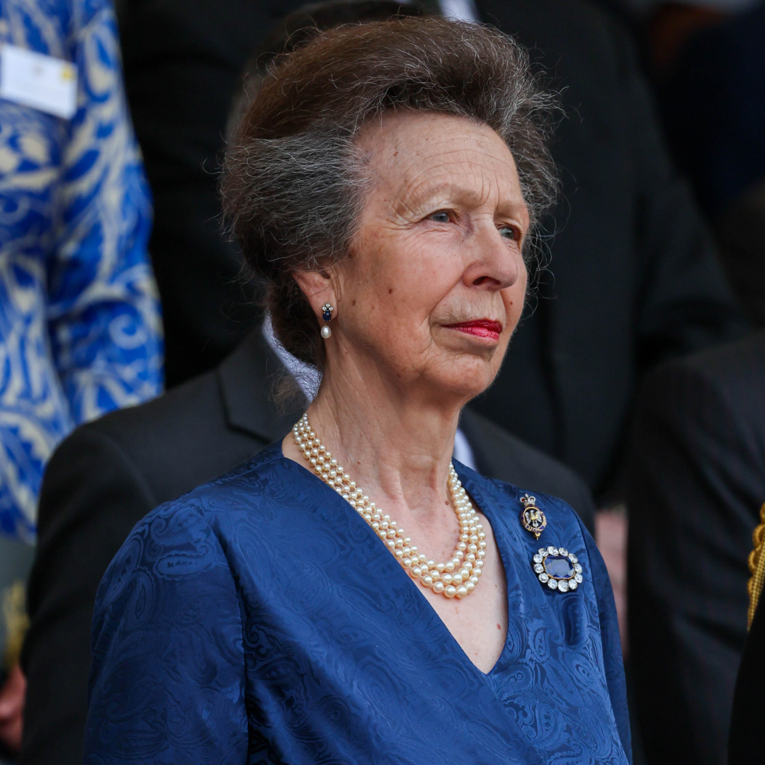 Princess Anne wearing a blue wrap dress
