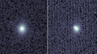 рамо до рамо слики од далечна експлозија на супернова, која изгледа како нејасна, пикселирана бела точка наспроти црнилото на вселената.