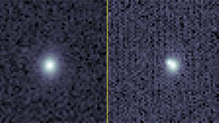 side-by-side images of a faraway supernova explosion, which looks like a fuzzy, pixelated white dot against the blackness of space.