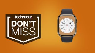 Apple Watch 8 on orange TechRadar deals background
