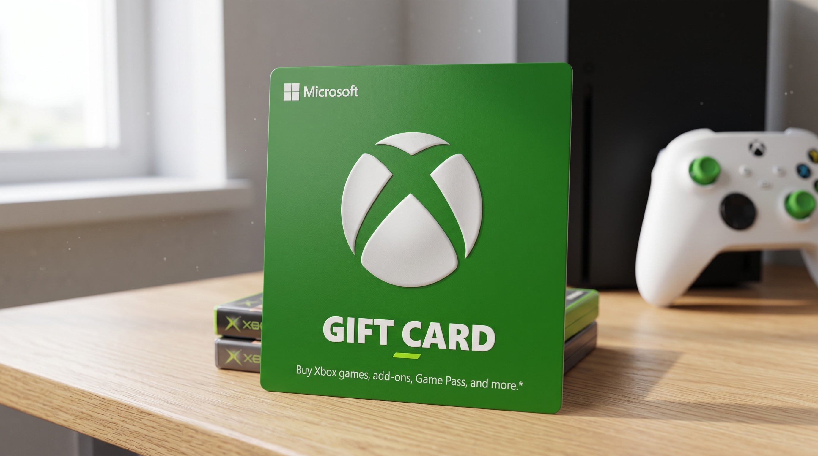 A green Microsoft Xbox gift card stands on a wooden table, with an Xbox console and controller in the background, conveying a gaming theme.