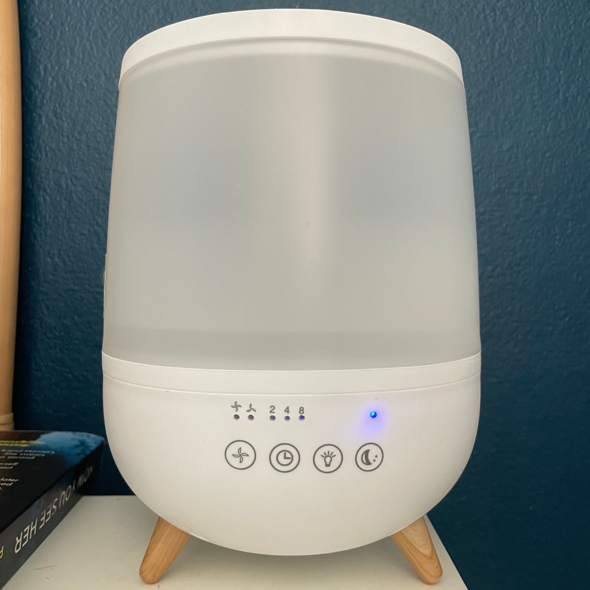 Dunelm humidifier in front of a blue painted wall