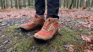 A hiker's feet wearing the Danner Jag II boots on the trail