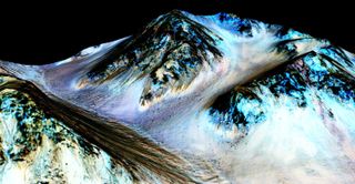Dark, narrow streaks on Martian slopes, like these at football field-length features at Hale Crater on Mars are signs of seasonal flows of liquid water. NASA scientists announced the discovery in September 2015.