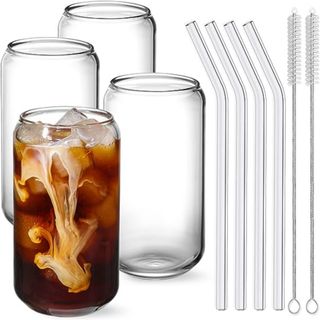 Yous Auto 2 Pack 20 oz Iced Coffee Cup with Glass Lids and Straws,High Borosilicate Glass Tumbler Cup Reusable Wide Mouth Smoothie Cups(Clear), Size
