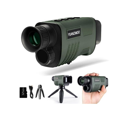 A Yuanzimoo night vision monocular, shown alongside its stand and accessories. 