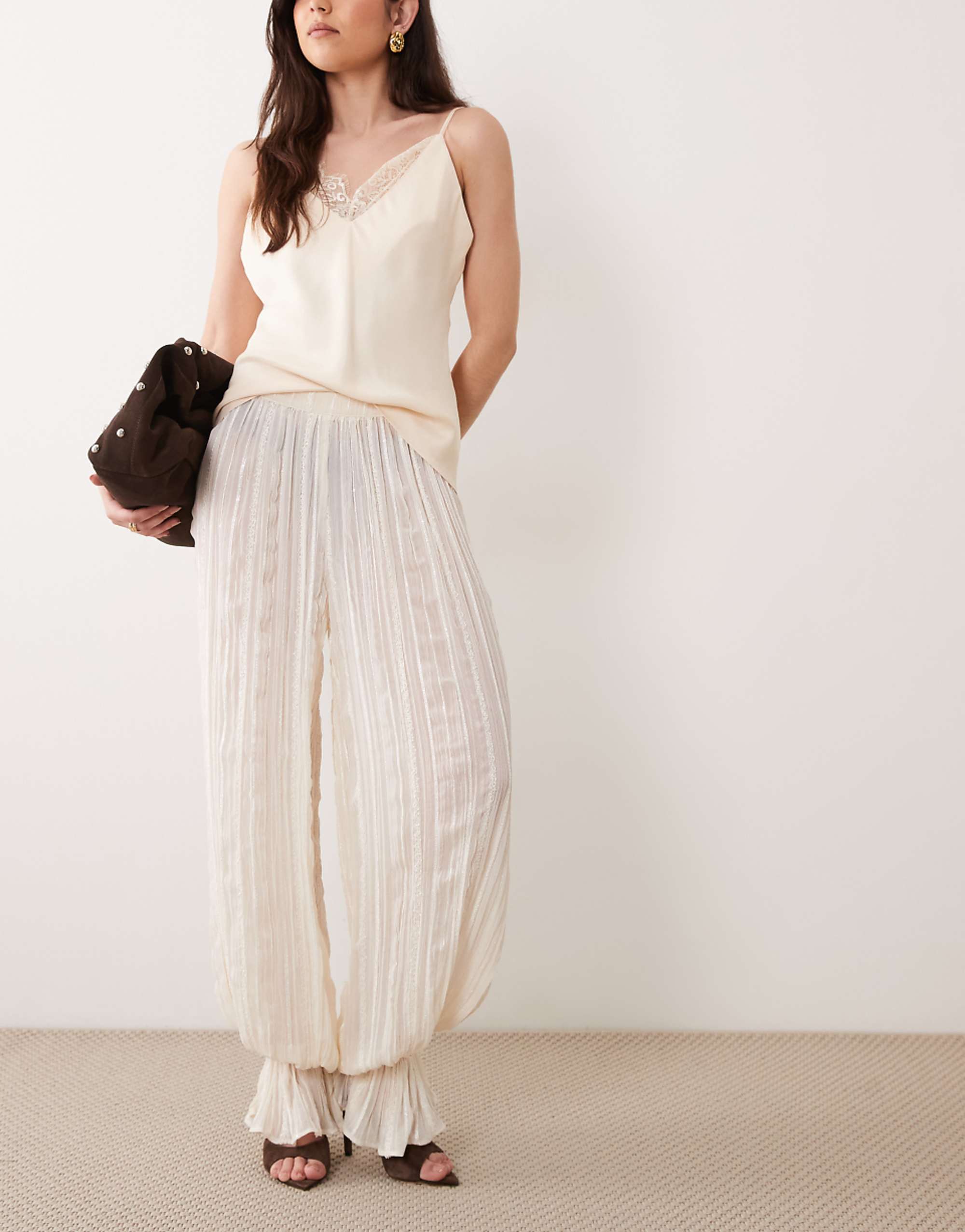 Asos Luxe Ruffle Boho Hareem Pants With Cuff Detail in Cream