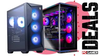 An MSI and Skytech gaming PC on a custom PC Gamer Deals background.