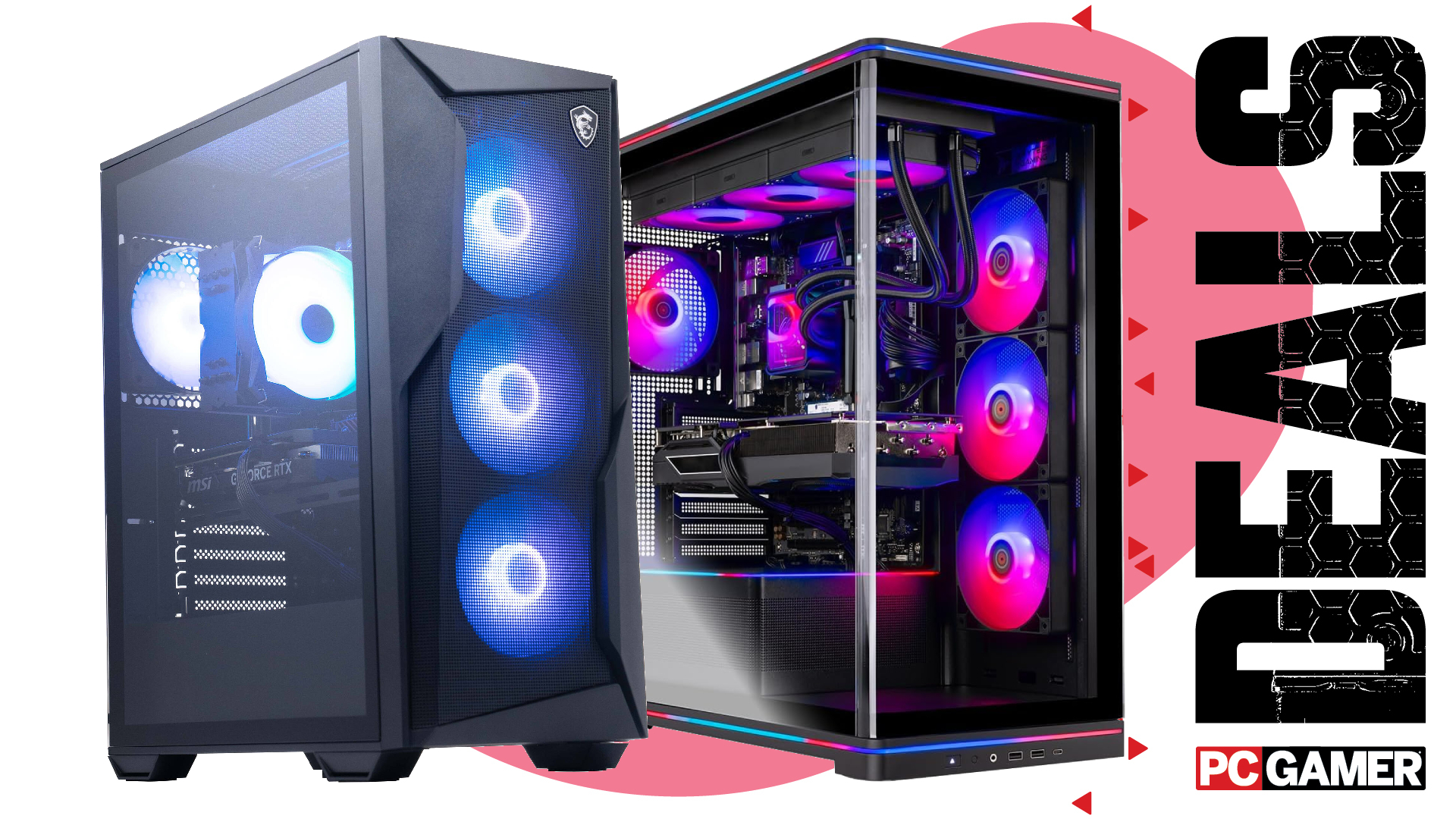 An MSI and Skytech gaming PC on a custom PC Gamer Deals background.
