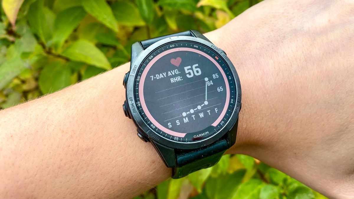 the Garmin Fenix 7S on writer Jessica Downey&#039;s wrist showing her heart rate stats over 7 days