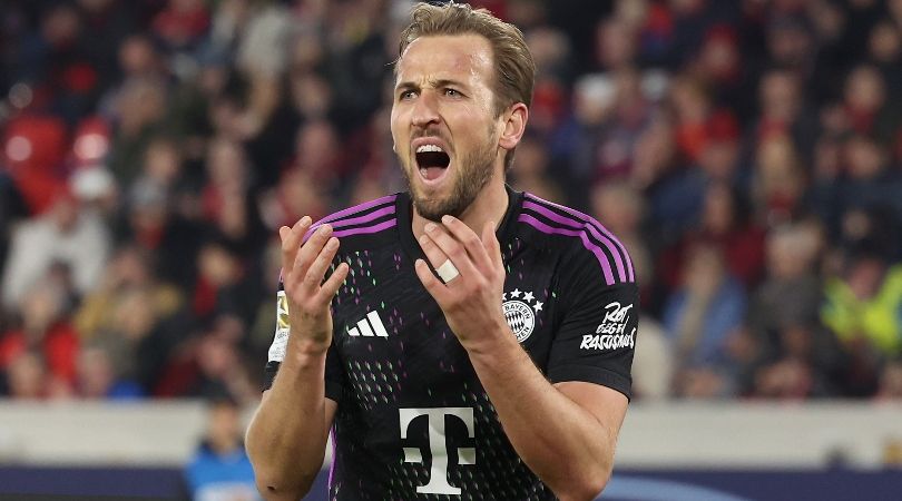 Harry Kane reacts during Bayern Munich&#039;s 2-2 draw against Freiburg in March 2024.