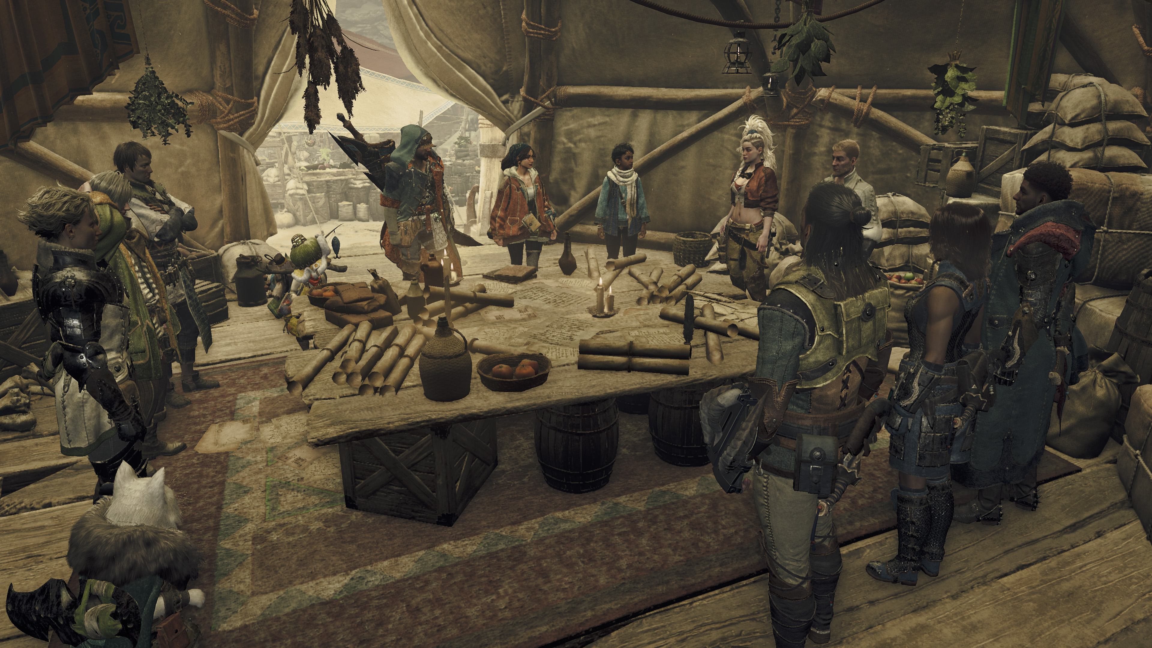 Members of the Hunter's Guild stand assembled in the Base Camp command tent.