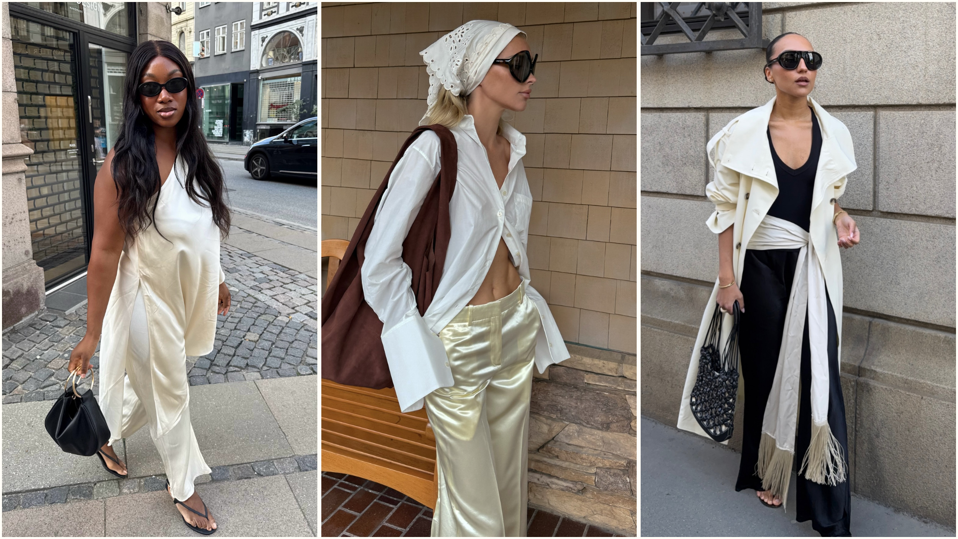 Three images of influencers wearing satin trousers, including cream, pale yellow and black satin trousers