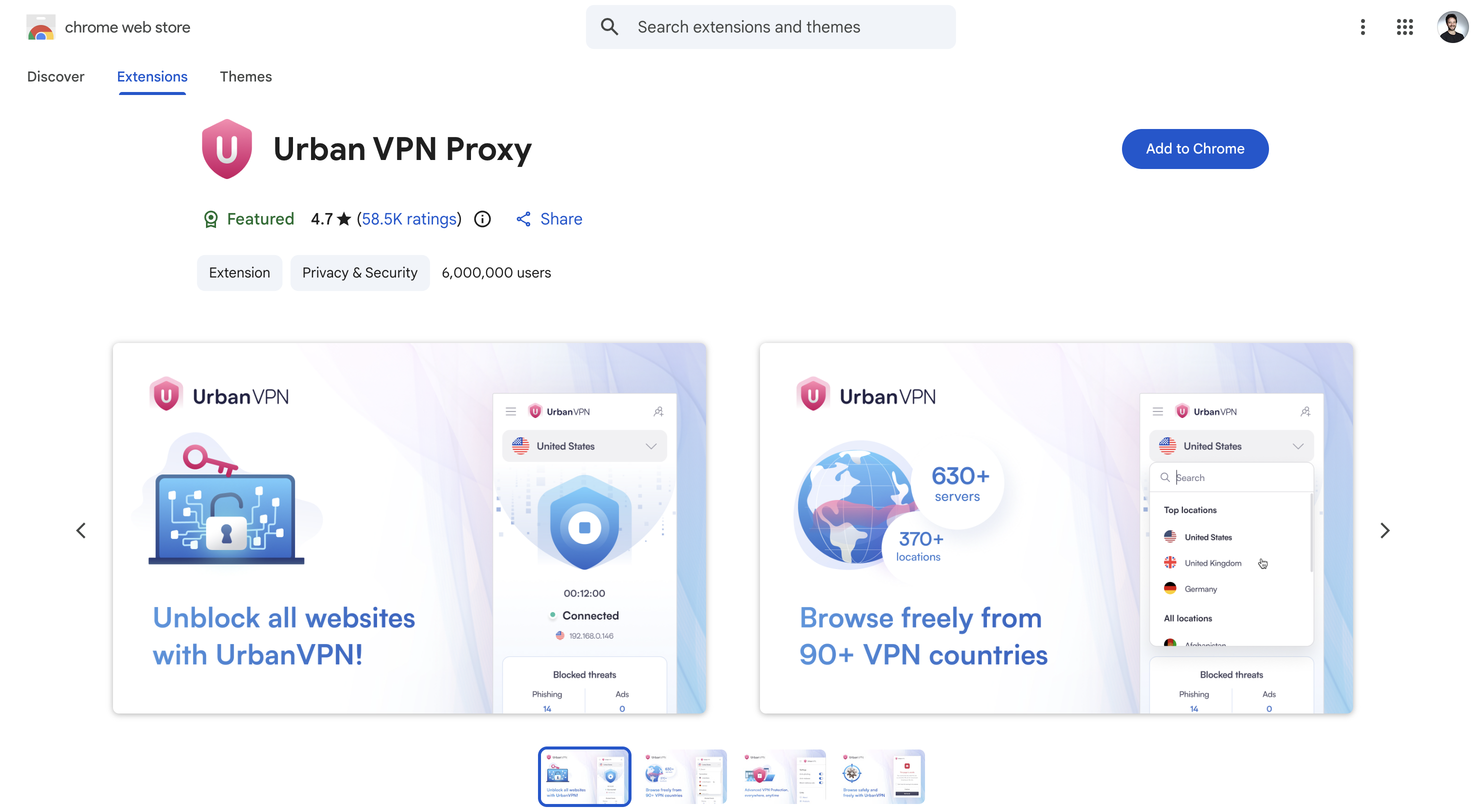 Screenshot of Urban VPN Proxy on the Chrome App Store