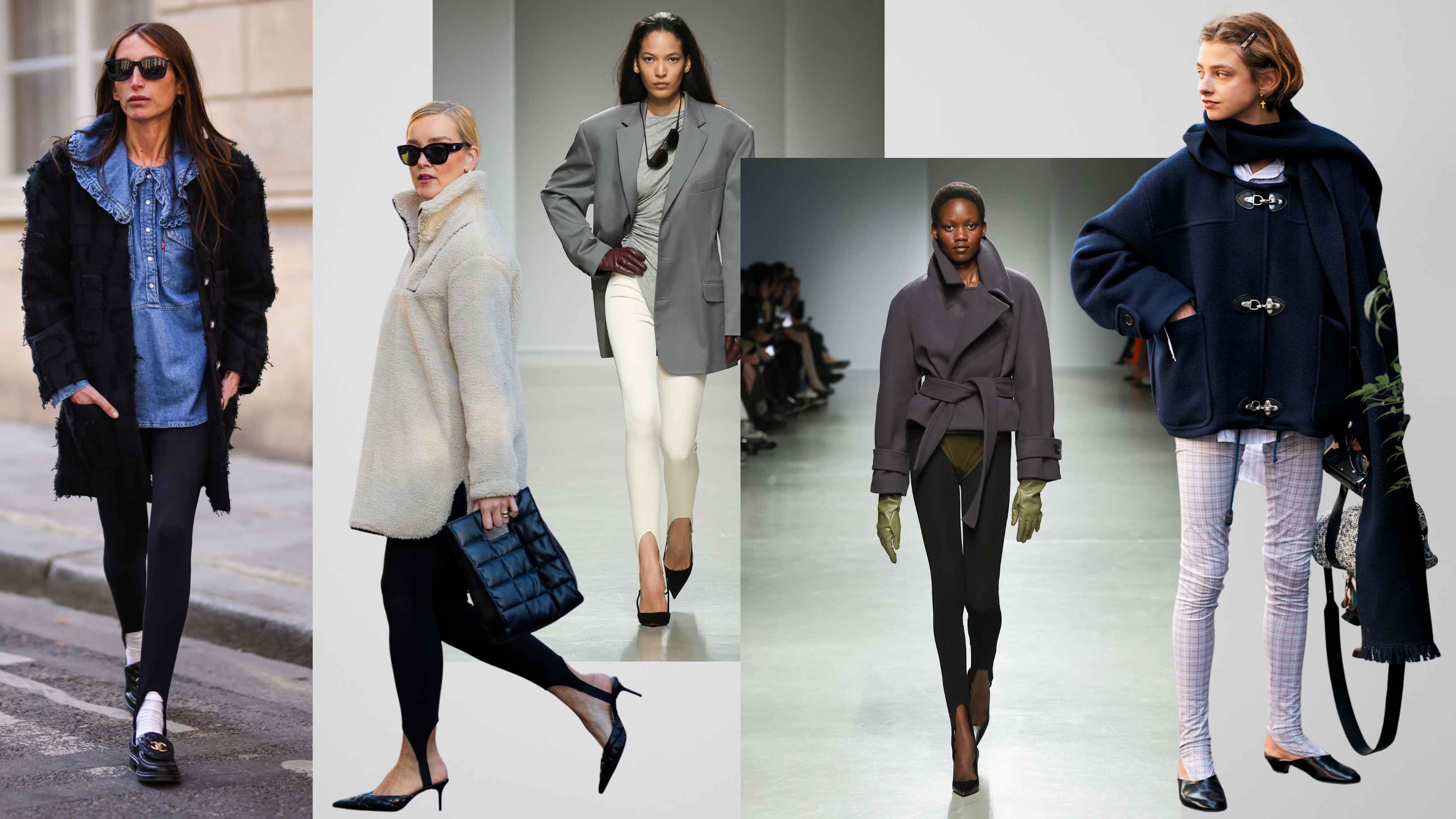 collage of women wearing stirrup leggings 