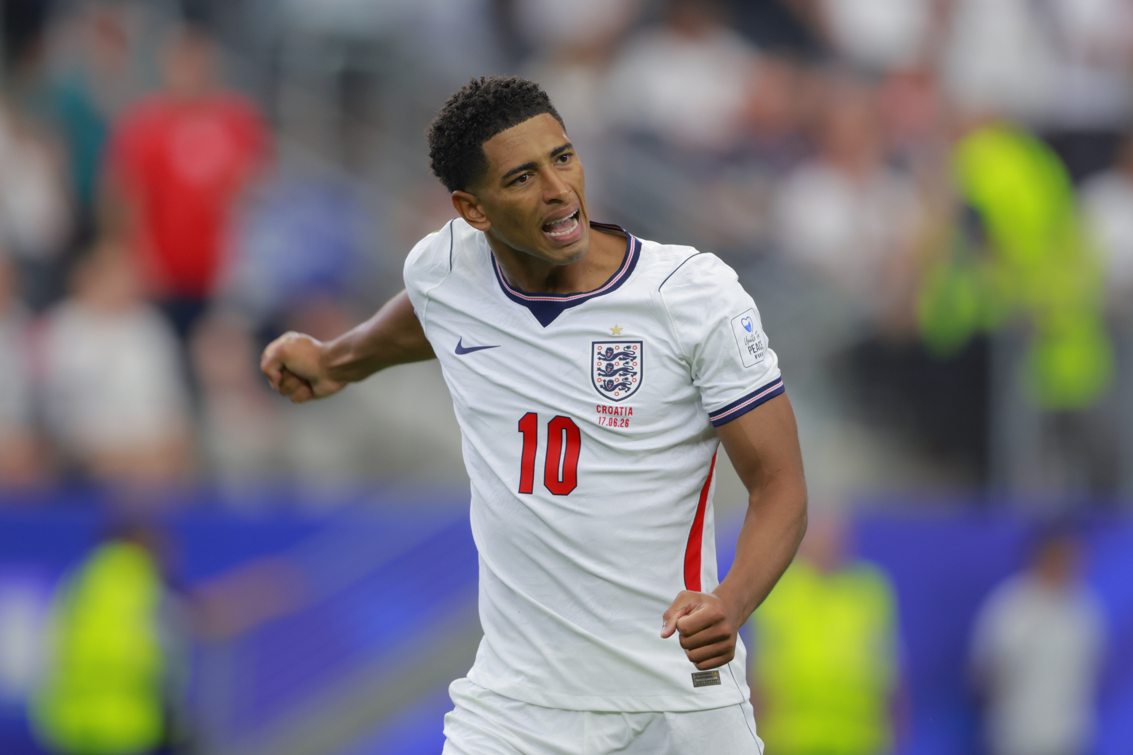DALLAS, TEXAS - JUNE 17: Jude Bellingham of England celebrates after scoring the third goal during the FIFA World Cup 2026 Group L match between England and Croatia at Dallas Stadium on June 17, 2026 in Dallas, Texas. (Photo by Hugo Rivera/Jam Media/Getty Images)