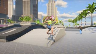 A young woman skating during play testing footage for the new game, Skate 4.