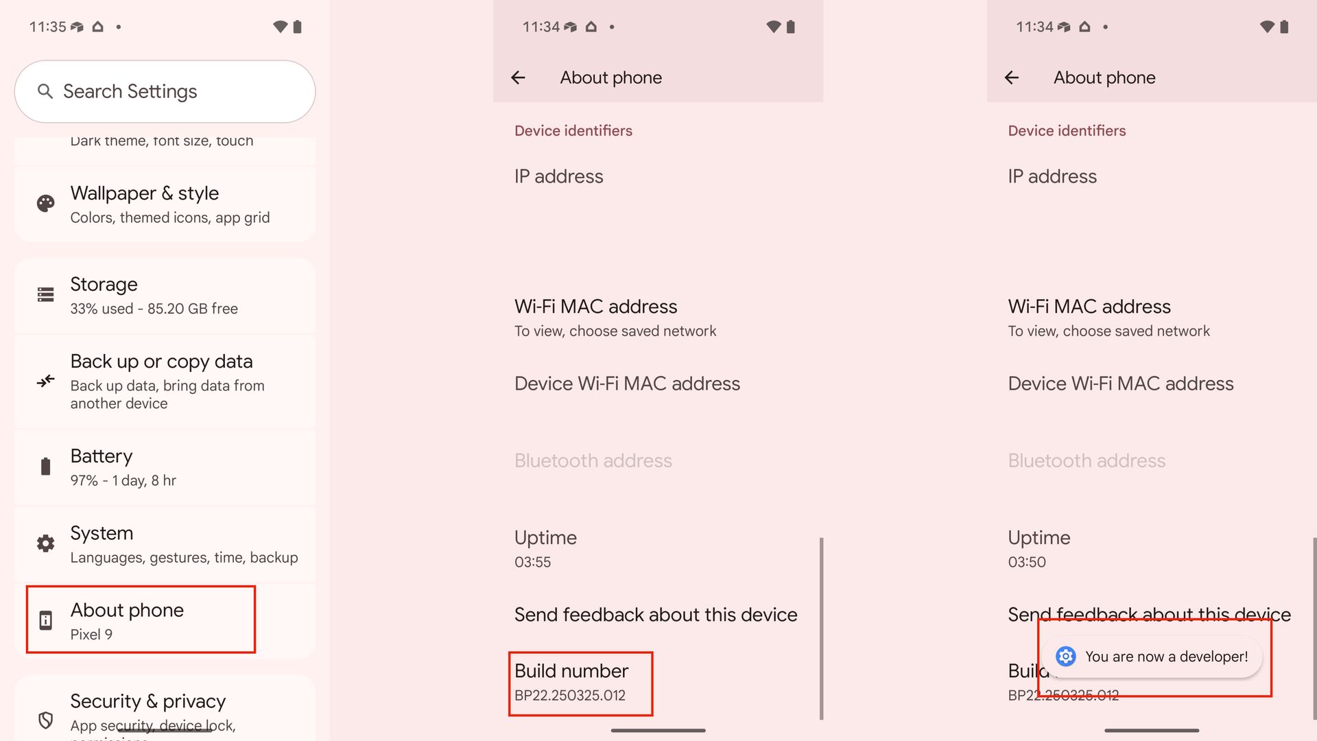 Enabling Developer Options on a Pixel phone.