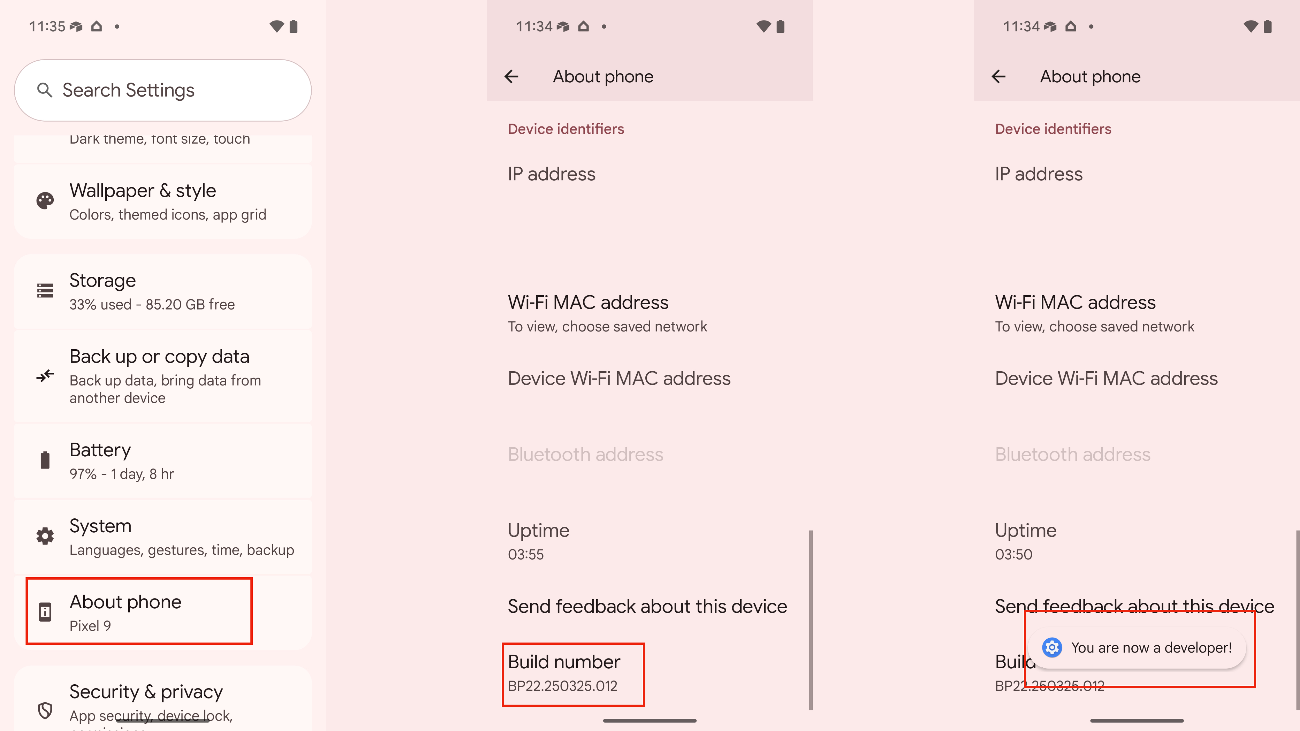 Enabling Developer Options on a Pixel phone.