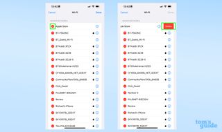 Two screenshots showing how to remove a remembered Wi-Fi network in iOS 16
